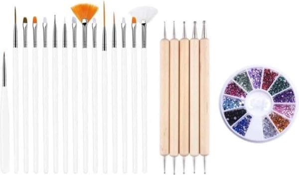 GUAPÀ - Nagel Penselen Set Wit + Rhinestones Diverse Kleuren + Druppel & Dotting Pennen - Nail Art, Acryl & Gel Nagels - 3 Delige Set