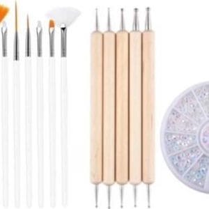 GUAPÀ - Nagel Penselen Set Wit + Rhinestones Parelmoer + Druppel & Dotting Pennen + Nagellijm - Nail Art, Acryl & Gel Nagels - 4 Delige Set