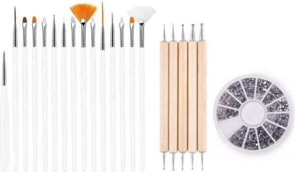 Guapà - nagel penselen set wit + rhinestones zilver + druppel & dotting pennen - nail art, acryl & gel nagels - 3 delige set