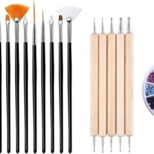 GUAPÀ - Nagel Penselen Set Zwart + Rhinestones Diverse Kleuren + Druppel & Dotting Pennen - Nail Art, Acryl & Gel Nagels - 3 Delige Set