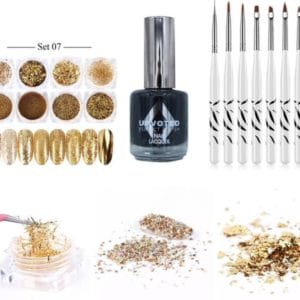 GUAPÀ - Nail Art Glitter Poeder Nagellak & Penselen Set - Goud Nagel Versiering + Zwarte Nagellak