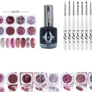 GUAPÀ - Nail Art Glitter Poeder Nagellak & Penselen Set - Rosé Nagel Versiering + Zwarte Nagellak