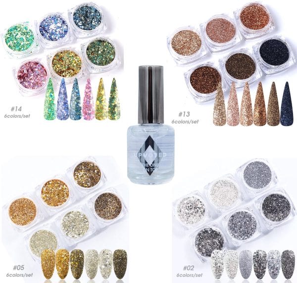 GUAPÀ - Nail Art Glitter Poeder & Nagel Versiering Set inclusief een Top Coat - Complete Set om je nagels te versieren - 5 Stuks