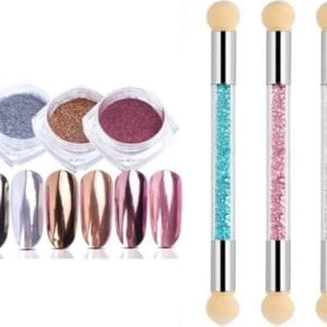 GUAPÀ - Nail Art Penselen Spons Set met Holografische Glitter Poeder Set voor het maken van prachtige Nail Art effecten op je nagels - 6 Delige Nail Art Set