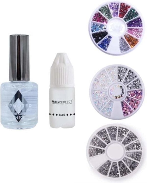 Guapà rhinestones nail art glitter set 3d glitter steentjes - 5 delige nagel decoratie set inclusief nagellijm en top coat