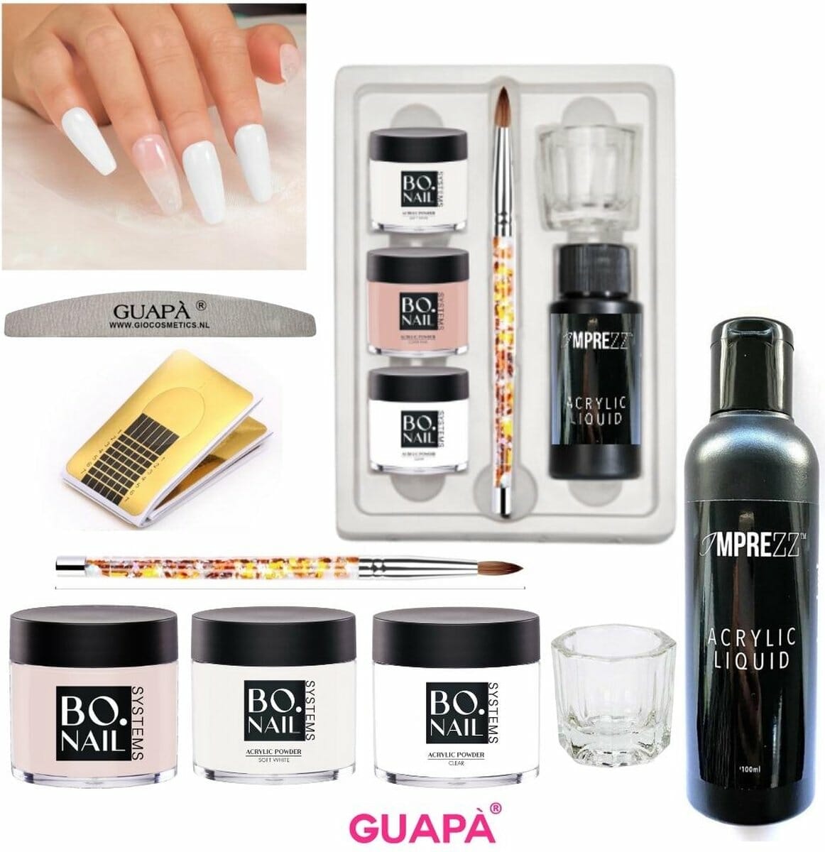 Guap� acryl starterspakket pink clear white | acryl poeder | acrylic liquid | acryl penselen | dappendish | acryl nagels | professionele kwaliteit | nepnagels Guap� acryl starterspakket pink clear white | acryl poeder | acrylic liquid | acryl penselen | dappendish | acryl nagels | professionele kwaliteit | nepnagels