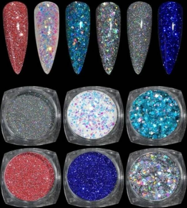 Guap� nagel glitters | nail art | diverse nagel decoratie | 6 stuks glitters | rood / blauw / zilver | nagel decoratie strass