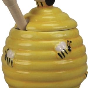 Gele honingpot met honinglepel/stokje 11 cm - Keukengerei/tafelgerei - Thee drinken - Honing potten met 3D bijenmotief