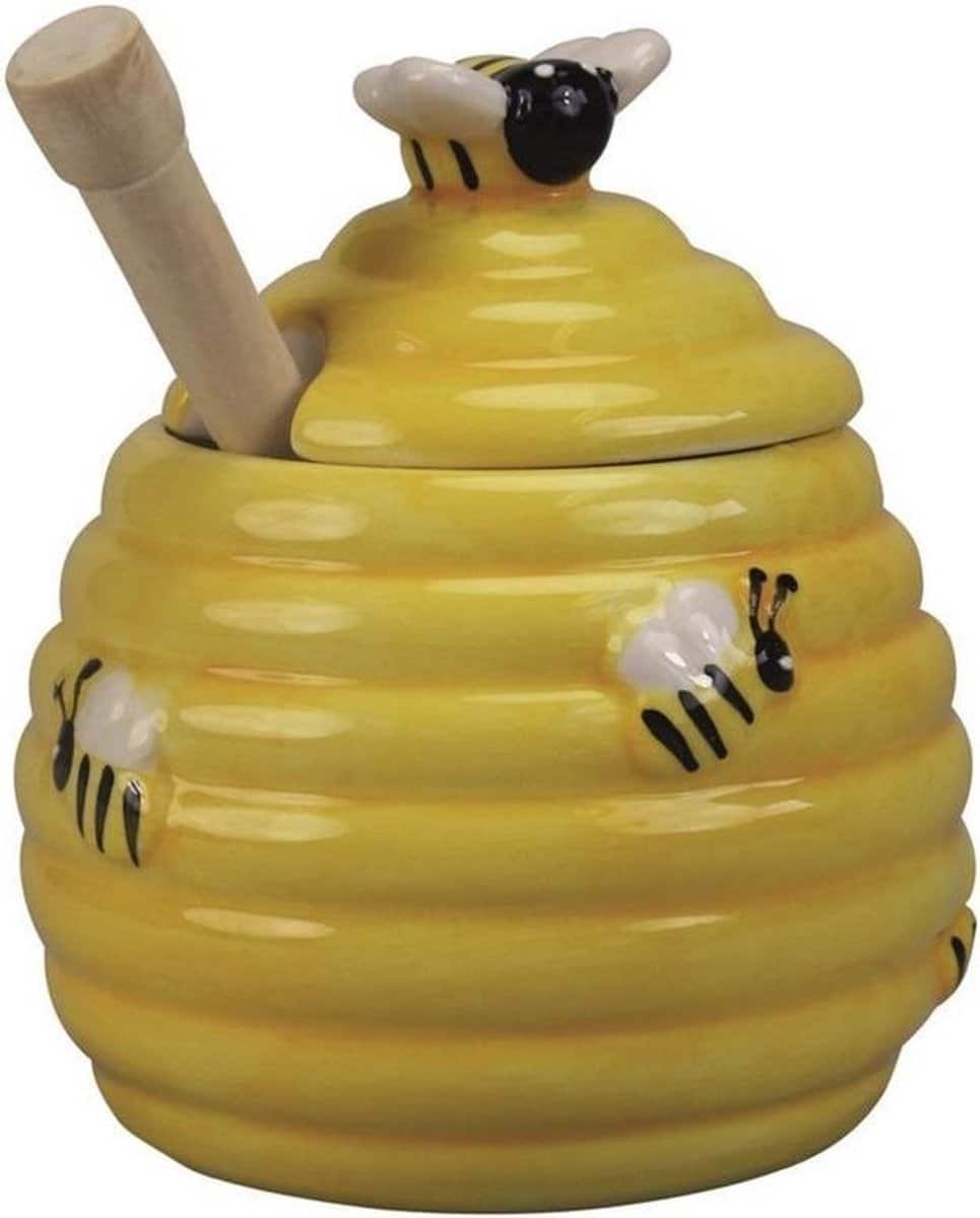 Gele honingpot met honinglepel/stokje 11 cm - Keukengerei/tafelgerei - Thee drinken - Honing potten met 3D bijenmotief