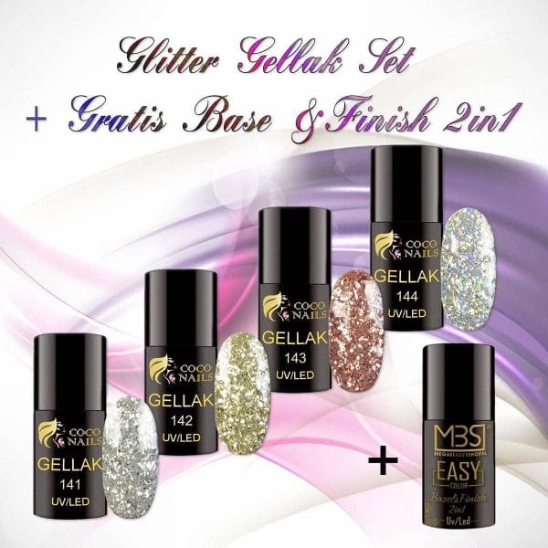 Gellak glitter set met Base&Finish 2in1/Gellak/Gel nagellak/Gel Polish/Top coat gellak