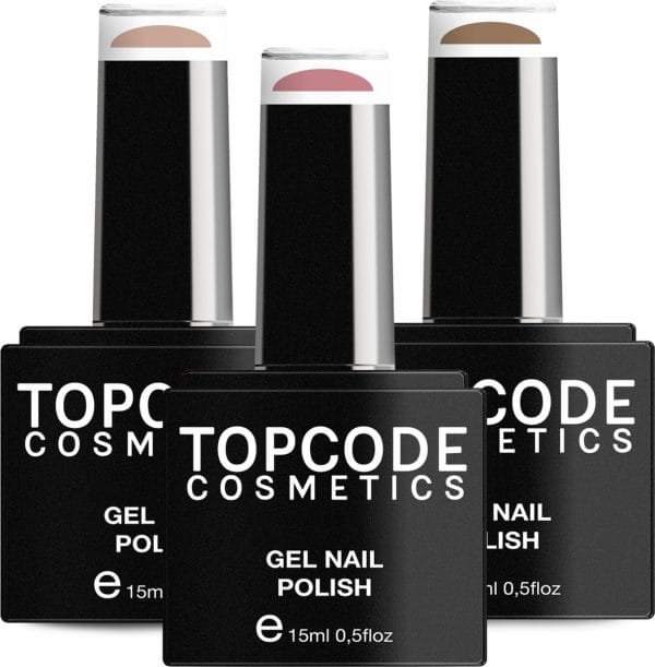 Gellak van topcode cosmetics - 3 pack gel nagellak - nude set 2 - 3 x 15 ml flesjes - champagne pink + fiery rose + spicy copper
