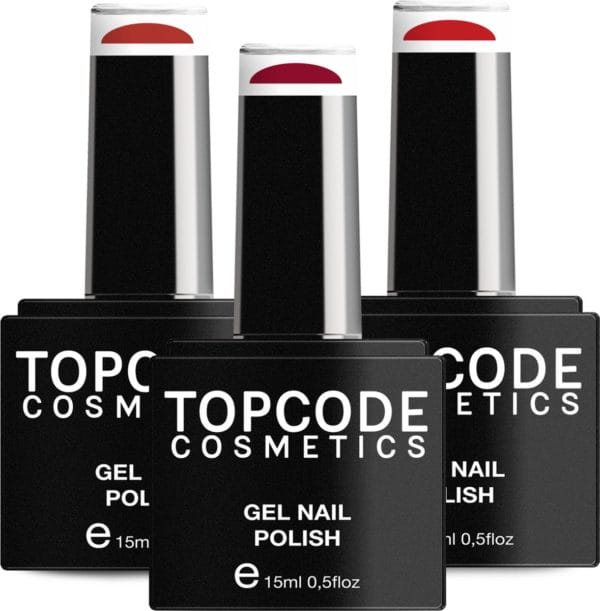 Gellak van topcode cosmetics - 3 pack gel nagellak - rood set 2 - 3 x 15 ml flesjes - imperial red + lipstick red + red salsa