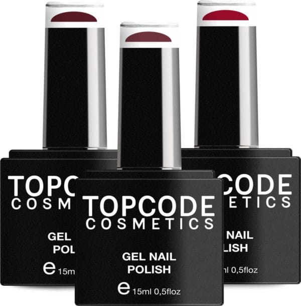 Gellak van topcode cosmetics - 3 pack gel nagellak - rood set 4 - 3 x 15 ml flesjes - persian red + moon red + redwood