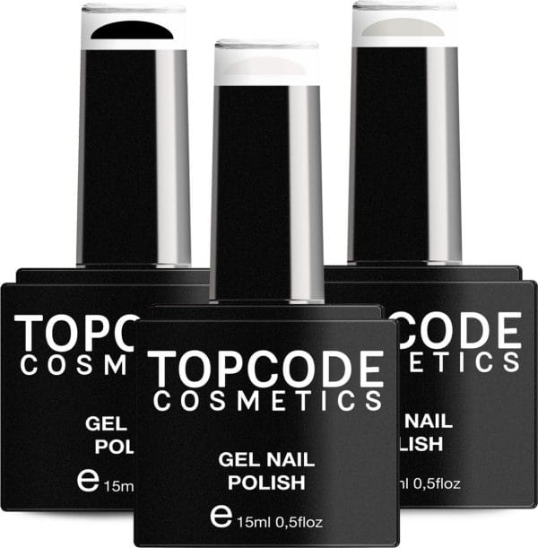 Gellak van TOPCODE Cosmetics - 3 pack gel nagellak - Zwart / Wit / Grijs - 3 x 15 ml flesjes - Black + White + Warm Grey