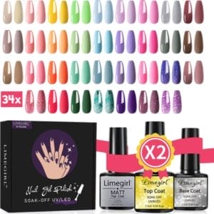 Gelnagels Kleuren Set XL | 34x Gellak Box + 2x Top, Mat & Base coat| 34 Verschillende Kleuren Gels | Top Coat | Base Coat | Mat Coat | Nepnagels | Nail Art Pakket | 8ml Kleuren | UV/LED GEL | Gel Polish | Limegirl | Nagelstad