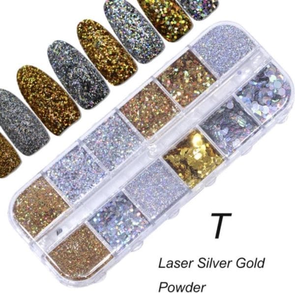 Glitter Poeder Nail Art Set - 12 Stuks - Goud / Zilver - Nagel Decoratie Strass