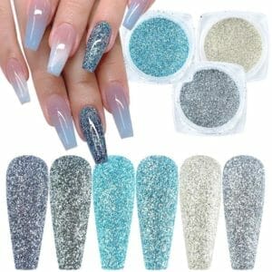 Glitter Poeder Nail Art Set - 6 Stuks - Blauw / Zilver / Turquoise/ Glinster - Nagel Decoratie Strass