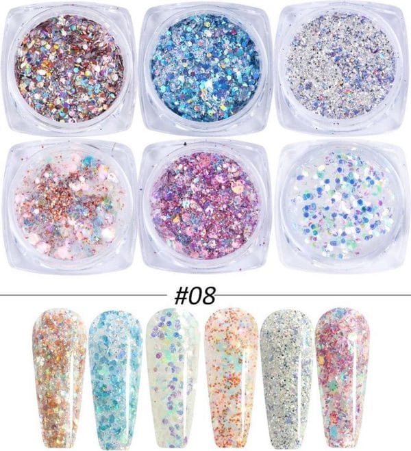 Glitter Poeder Nail Art Set - 6 Stuks - Diverse Kleuren - Nagel Decoratie Strass