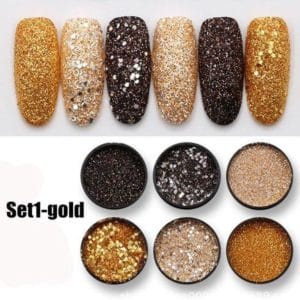 Glitter Poeder Nail Art Set - 6 Stuks - Goud / Rosé / Brons / Zwart - Nagel Decoratie Strass