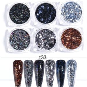 Glitter Poeder Nail Art Set - 6 Stuks - Navy / Zwart / Brons - Nagel Decoratie Strass