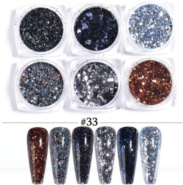Glitter poeder nail art set - 6 stuks - navy / zwart / brons - nagel decoratie strass