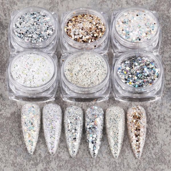 Glitter poeder nail art set - 6 stuks - parelmoer / zilver / brons - nagel decoratie strass