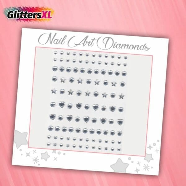 Glittersxl - nail art diamonds (106 diamantjes hartjes/sterren/cirkels) [zelfklevend nagel steentjes decoratie versiering - manicure kunstnagels nepnagels - acryl nagels rhinestone rhine stones]