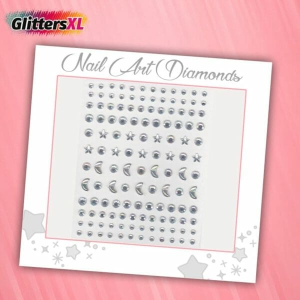 Glittersxl - nail art diamonds (130 diamantjes sterren/manen transparant) [zelfklevend nagel steentjes decoratie versiering - manicure kunstnagels nepnagels - acryl nagels rhinestone rhine stones]