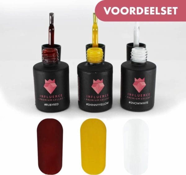 #intenseserie - influence gellac - uv / led gellak - gel nagellak - gel lak - donker rood / bordeaux / geel / wit - startersset - 3 x 10 ml