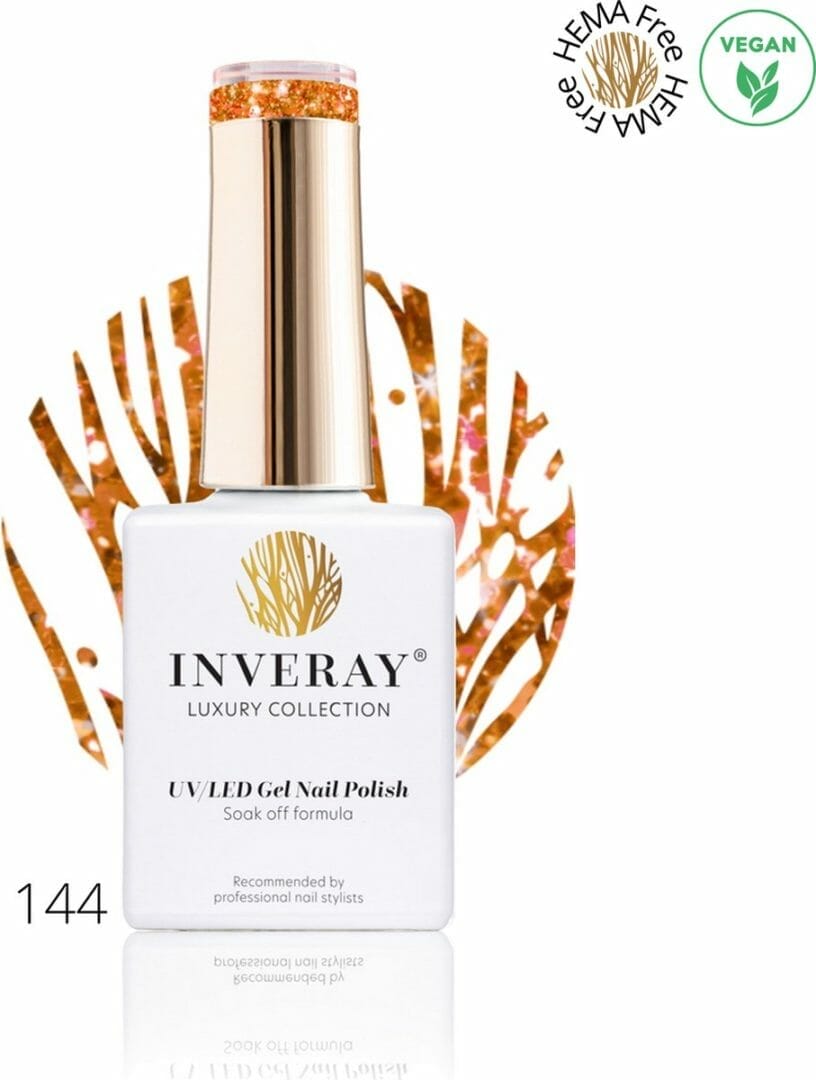 Inveray gellak - uv/led - gel polish nr. 144 - autumn flame - professionele gelpolish - hema 12 vrij- vegan Inveray gellak - uv/led - gel polish nr. 144 - autumn flame - professionele gelpolish ook voor thuis - hema 12 vrij- vegan - oranje glitter nagellak - nagels