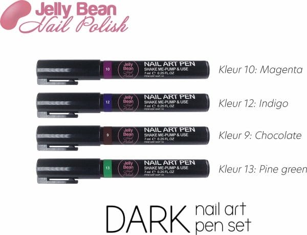 Jelly Bean Nail Polish Nail Art Pen Set - Dark set - Nagelversiering - Nagel pen 4 x 7 ml