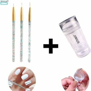 Jinius ® - Nagelstempel Doorzichtig - Dubbele Siliconen Gel Stamper + Nagel Penseel Set 3 Stuks Goud - French Manicure Tip Stempel - Nagelstempel Met Schraper - Nail Art Jelly Stamp - Nagel Stempel Kussen - Nail Art - Nail Pencil - Nagel Pennenset