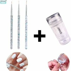 Jinius ® - Nagelstempel Doorzichtig - Dubbele Siliconen Gel Stamper + Nagel Penseel Set 3 Stuks Zilver - French Manicure Tip Stempel - Nagelstempel Met Schraper - Nail Art Jelly Stamp - Nagel Stempel Kussen - Nail Art - Nail Pencil - Nagel Pennenset