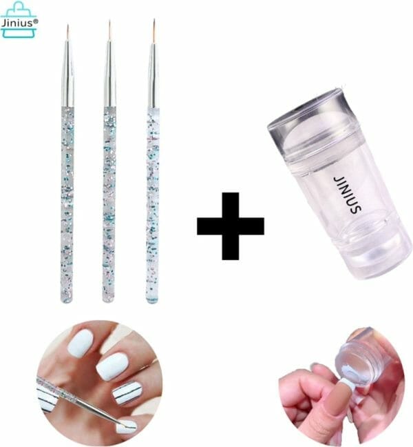 Jinius ® - nagelstempel doorzichtig - dubbele siliconen gel stamper + nagel penseel set 3 stuks zilver - french manicure tip stempel - nagelstempel met schraper - nail art jelly stamp - nagel stempel kussen - nail art - nail pencil - nagel pennenset