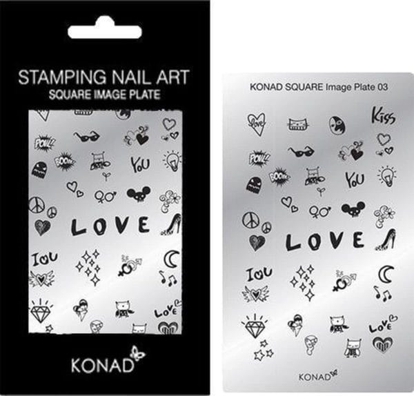 Konad square nail art sjablonen 03 met 34 ' love ' nagel figuurtjes.