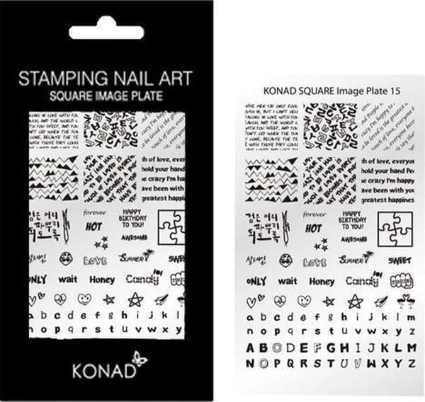 KONAD Square stempel sjablonen plaat 15 met 77 nagel sjablonen geïnspireerd door ' LIEFDE ' incl. alfabet en verschillende prints.
