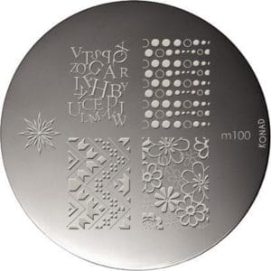 KONAD nagel stempel M100 met 5 nagel figuurtjes (letters, bloemen, ster en andere motieven).