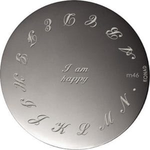 KONAD stempel sjabloon M46 met 6 nagel figuurtjes voor HANDSCHRIFT LETTERS A t/m N