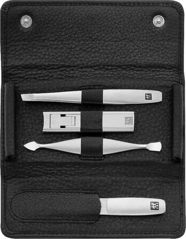 Kalfsleer pocket twinox manicure 4-delige set, zwart
