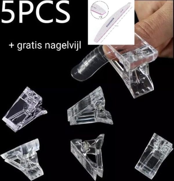 Knapzeker polygel klem - dual form klem - nagelklem - 5 stuks -nagel clip voor het ondersteunen van siliconen nagel tips + knapzeker nagelvijl