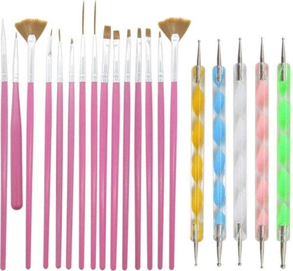 Louzir luxe 20 delige roze nail art set - set van 15 penselen -set van 5 dotting tools