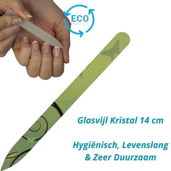 Milano professionele kristal glasvijl nagelvijl, glass nailfile, enkelzijdig - groen met vlinder