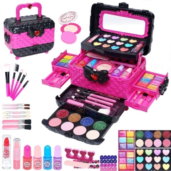 Makeup koffer meisjes- kinder speelkoffer- makeupset voor kinderen- roze met zwart-nagellak- 59delige-lippenstift-wenkbrauwborstel