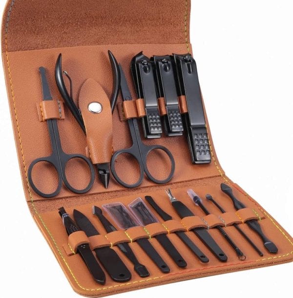 Manicure set, professionele pedicure kit, nagelverzorging gereedschap - 16-in-1 rvs nagelknipper gereedschap - verzorgingsset met luxe lederen reistas (bruin)