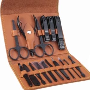 Manicure Set, Professionele Pedicure Kit, Nagelverzorging Gereedschap - 16-in-1 RVS Nagelknipper Gereedschap - Verzorgingsset met Luxe Lederen Reistas (Bruin)