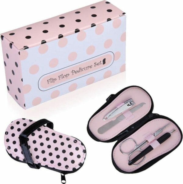 Manicure set in slipper etui - nagelschaartjes, vijl, nagelknipper, en nagelriem tooltje - roze flip flop cadeauverpakking