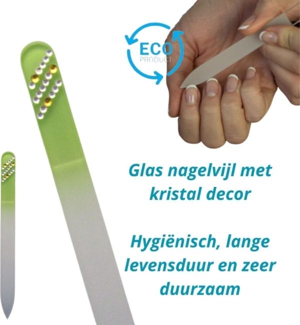 Milano kristal glas nagelvijl - glass nailfile - glazen glasvijl - onverslijtbaar - groen met steentjes 40