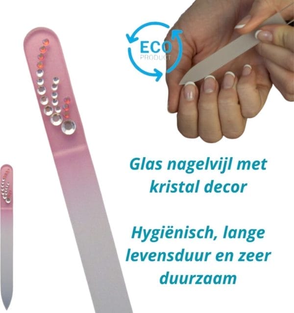 Milano kristal glas nagelvijl - glass nailfile - levenslang - roze met steentjes 90