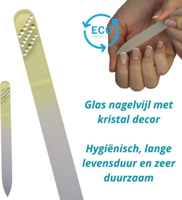 Milano kristal glas nagelvijl - glass nailfile - onverslijtbaar - glazen vijl - geel met steentjes 026