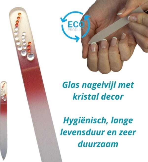 Milano kristal glas nagelvijl - glass nailfile - rood met steentjes - levenslang mee 75